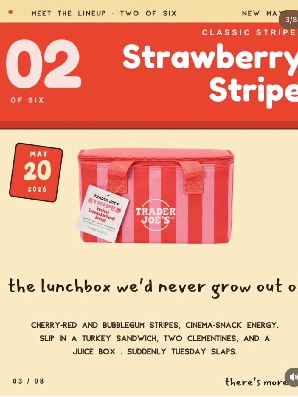 Trader Joe's Mini Insulated Tote 2026 Pink & Red Striped Insulated Cooler Bag - Picture 2 of 3